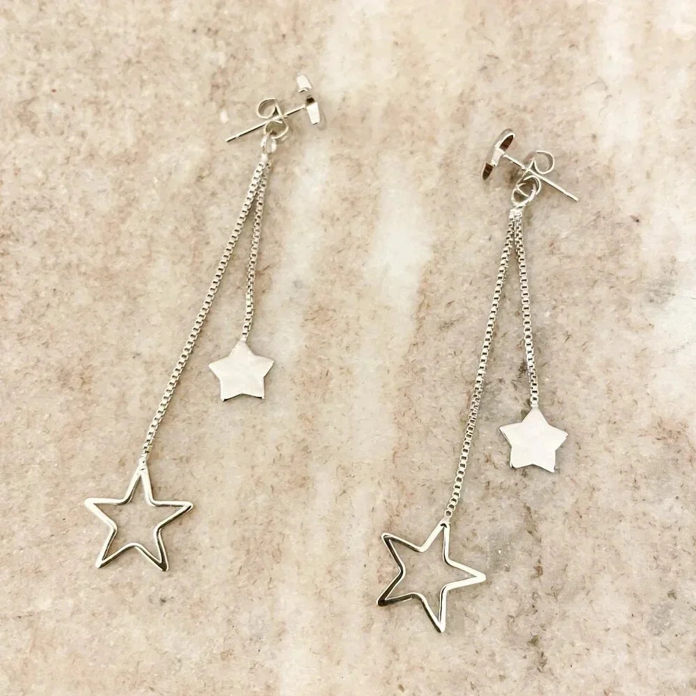 925 Sterling Silver Star Dangle Earrings Long Star Tassel Chain Drop Earrings - Picture 1 of 6